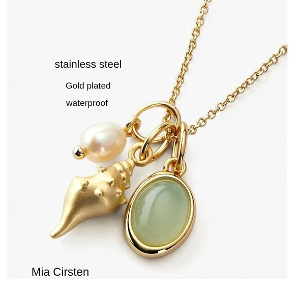 Tarnish Proof Gold necklace WATERPROOF green shell pearl - Picture 6 of 8